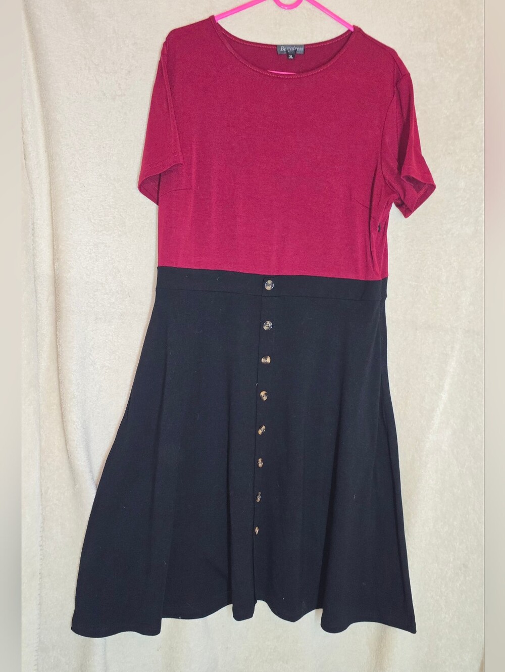 Berydress Colorblock Dress Burgundy Top Black Flared Skirt Button-Down Details S